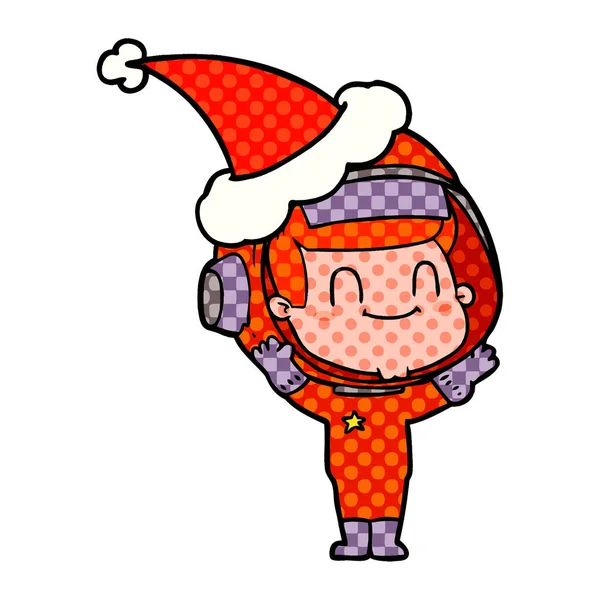 Happy Hand Drawn Comic Book Illustration Astronaut Man Santa Hat — стоковый вектор