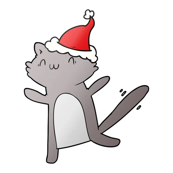 산타 모자를 쓰고 춤추는 고양이의 그라데이션 만화 — 스톡 벡터