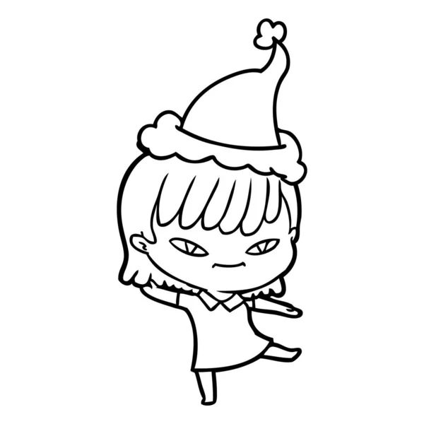 Gambar garis seorang wanita mengenakan topi santa - Stok Vektor