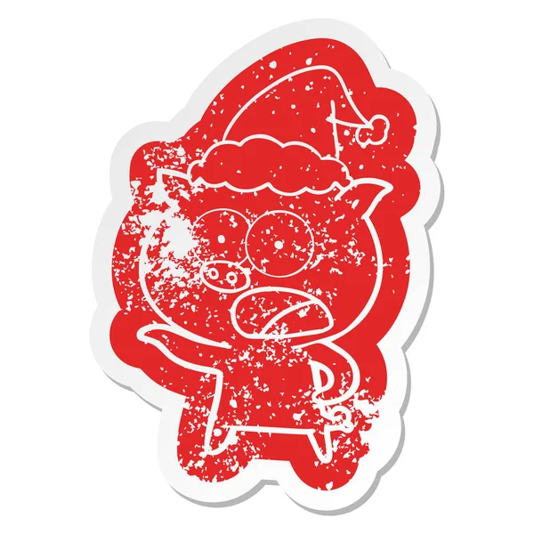 Karikatur eines schreienden Schweins mit Weihnachtsmütze — Stockvektor
