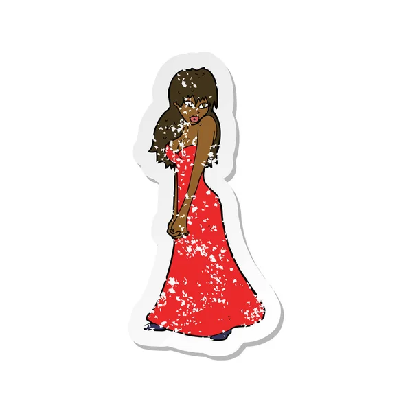 Autocollant détresse rétro d'une jolie femme dessin animé en robe — Image vectorielle