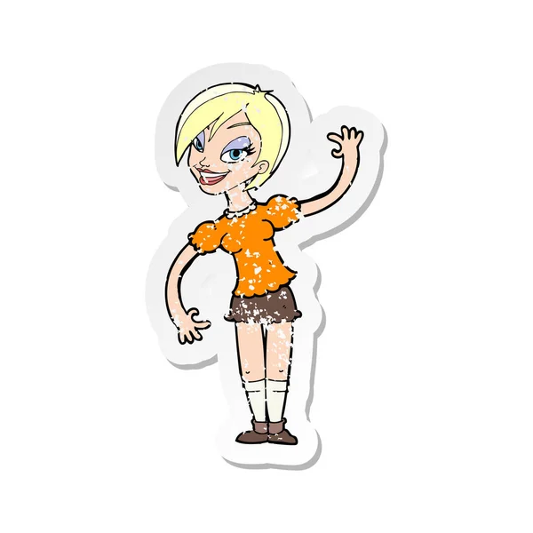 Retro-Aufkleber eines Cartoon-Mädchens, das winkt — Stockvektor