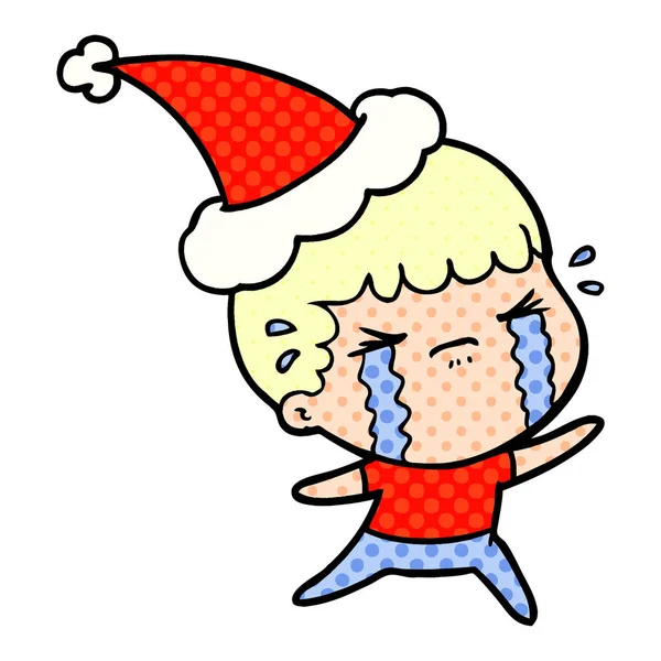 BD illustration de style de bande dessinée d'un homme pleurant portant un chapeau de Père Noël — Image vectorielle