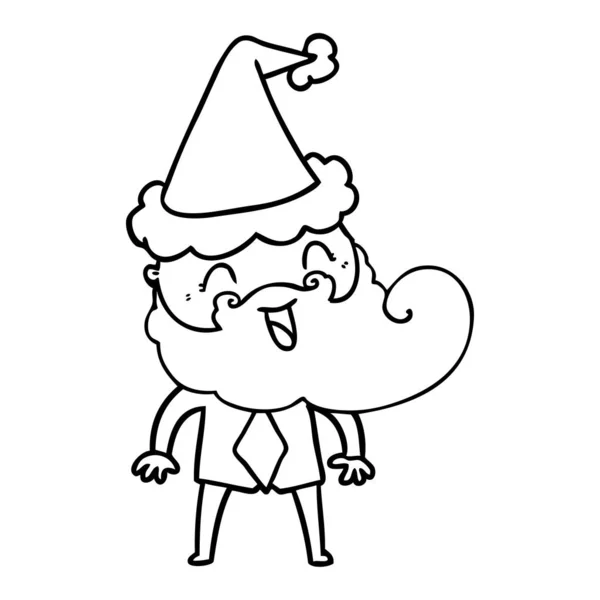 Dibujo de línea dibujado a mano de un hombre barbudo feliz con sombrero de santa — Vector de stock