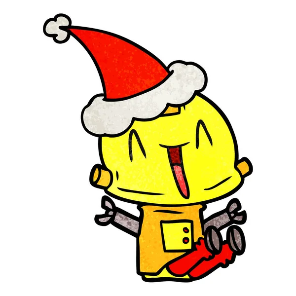 Dessin Animé Texturé Main Robot Portant Chapeau Père Noël — Image vectorielle