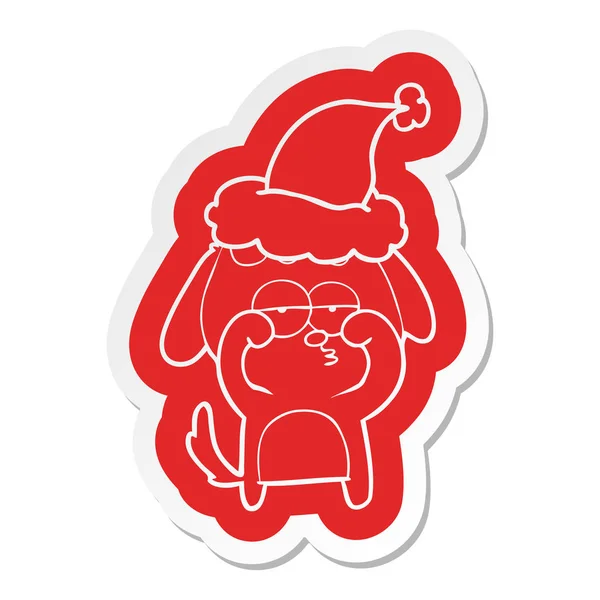 Cartoon-Sticker eines müden Hundes mit Weihnachtsmütze — Stockvektor