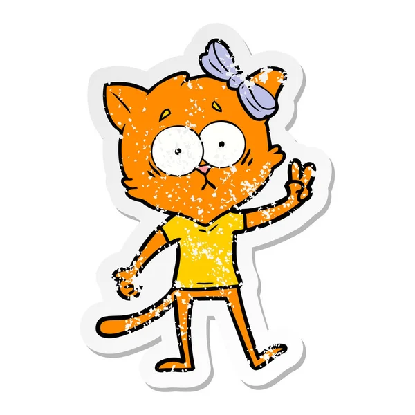 Verontruste sticker van een cartoon kat — Stockvector