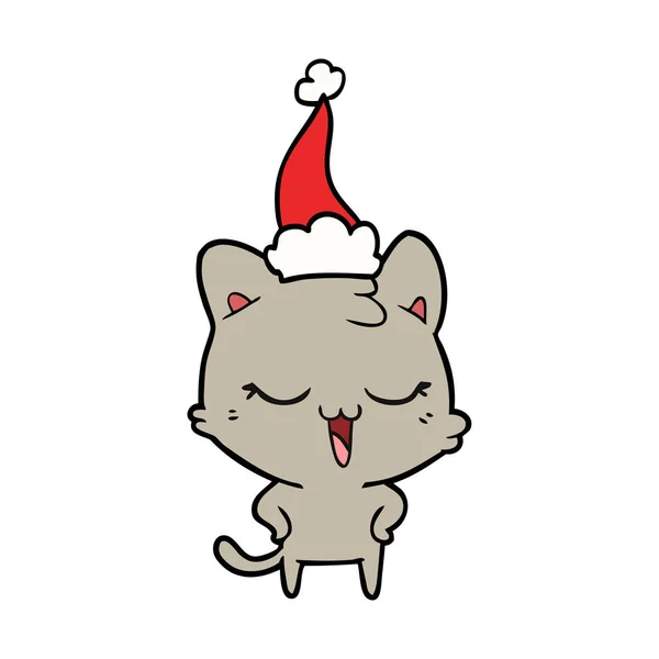 Dibujo de línea feliz de un gato con sombrero de santa — Vector de stock