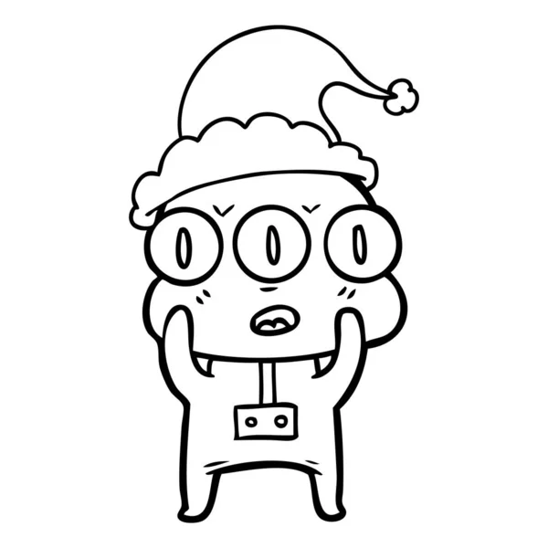 Line drawing of a three eyed alien wearing santa hat — Stock Vector