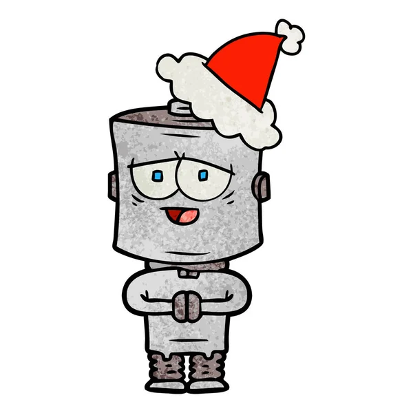 Hand Getekend Getextureerde Cartoon Van Een Robot Dragen Kerstmuts — Stockvector