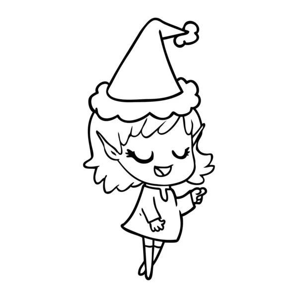 Happy Ręcznie Rysowane Rysunek Linii Dziewczyna Elf Wskazując Noszenia Santa — Wektor stockowy