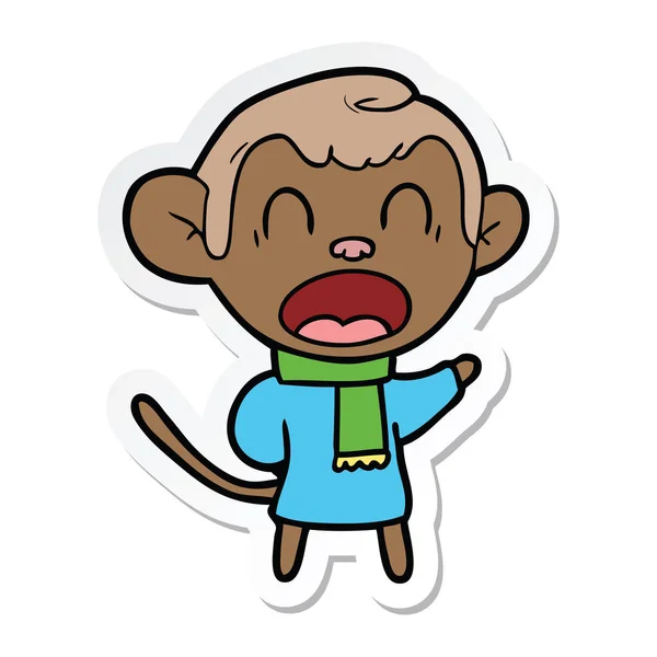 Sticker of a shouting cartoon monkey wearing scarf — Stock Vector
