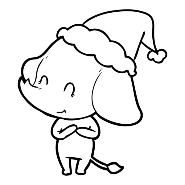 Carino linea disegno di un elefante indossare cappello di Babbo Natale — Vettoriale Stock