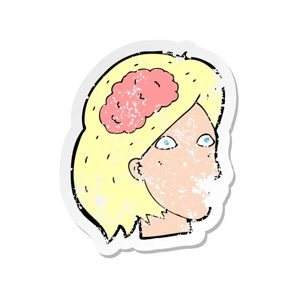 Pegatina retro angustiado de una cabeza femenina de dibujos animados con sym cerebro — Archivo Imágenes Vectoriales