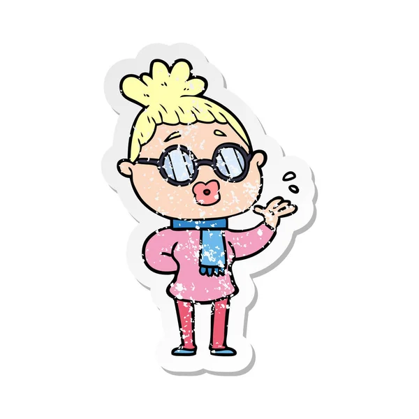 Distressed Sticker Cartoon Woman Wearing Spectacles — Stock Vector