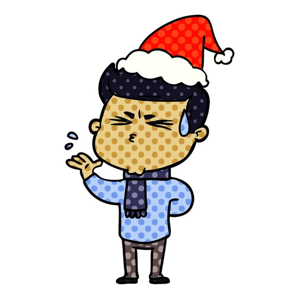 Illustration im Comic-Stil eines schwitzenden Mannes mit Weihnachtsmann — Stockvektor