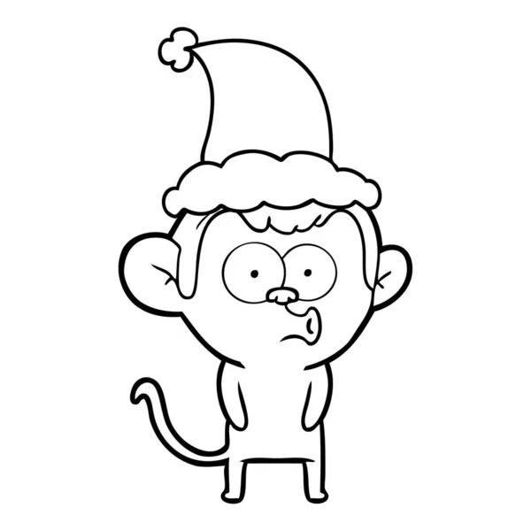 Line drawing of a hooting monkey wearing santa hat — Stock Vector