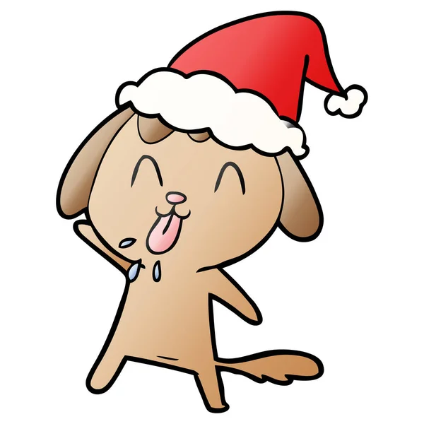 Desenho animado gradiente bonito de um cão usando chapéu de santa — Vetor de Stock