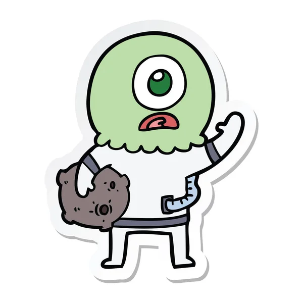 Pegatina de un cíclope de dibujos animados alien spaceman ondeando — Vector de stock