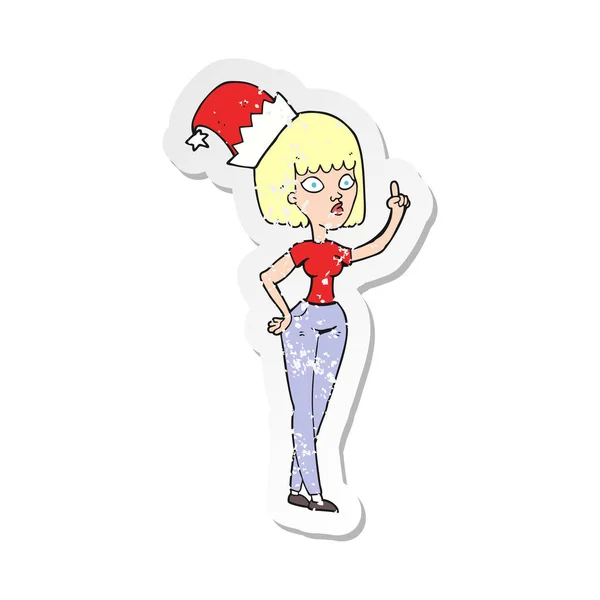 Retro-Aufkleber einer Cartoon-Frau mit Weihnachtsmütze — Stockvektor