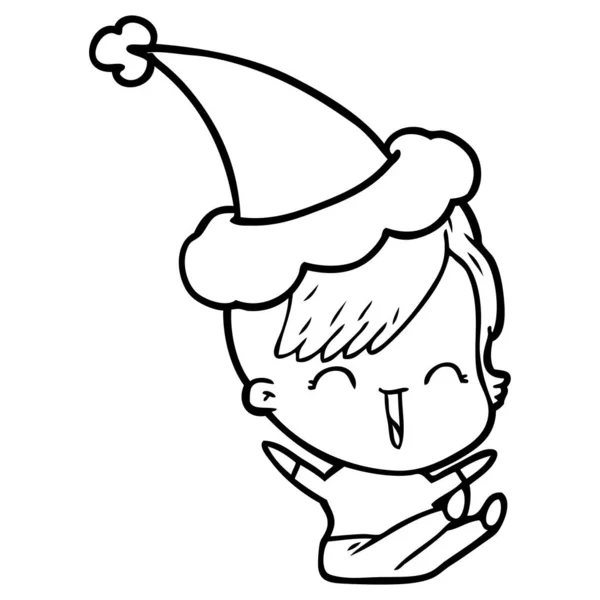 手绘线画一个快乐的嬉皮士女孩戴圣诞老人的帽子 — 图库矢量图片
