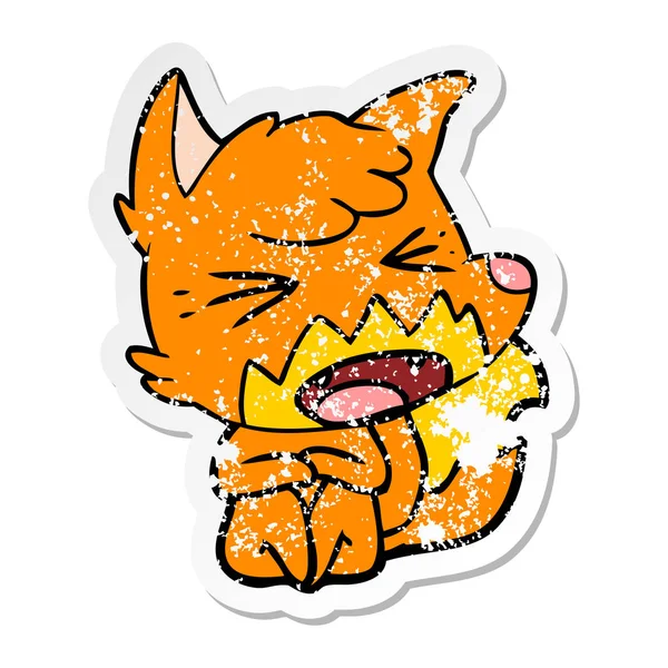 Distressed sticker of a angry cartoon fox sitting on floor — Stock Vector