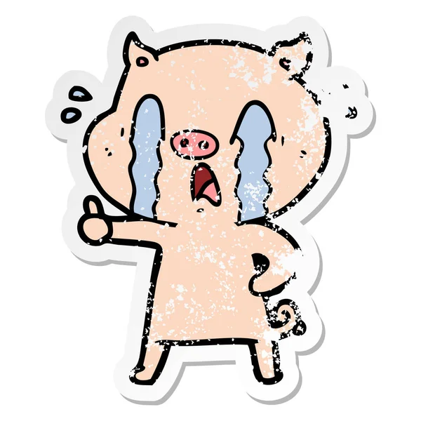 Distressed Sticker Crying Pig Cartoon — Stock Vector