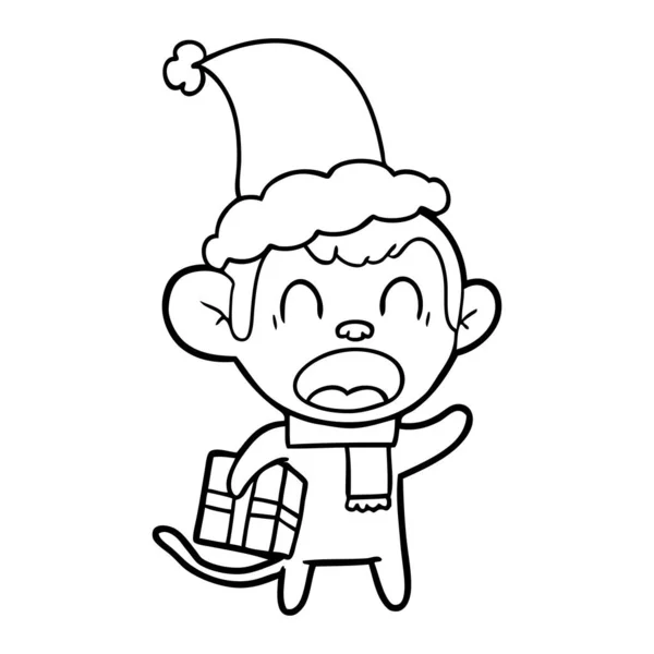 Shouting line drawing of a monkey carrying christmas gift wearin — Stock Vector