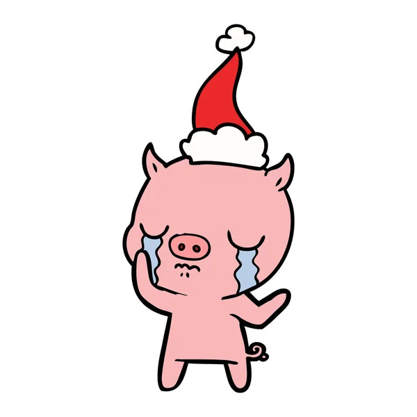 Linienzeichnung eines weinenden Schweins mit Weihnachtsmütze — Stockvektor