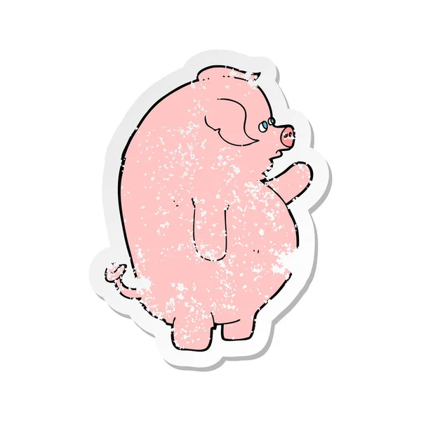 Pegatina retro angustiado de un cerdo gordo de dibujos animados — Archivo Imágenes Vectoriales