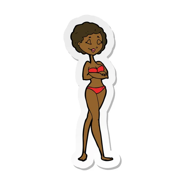 Klistermärke på en tecknad retro kvinna i bikini — Stock vektor