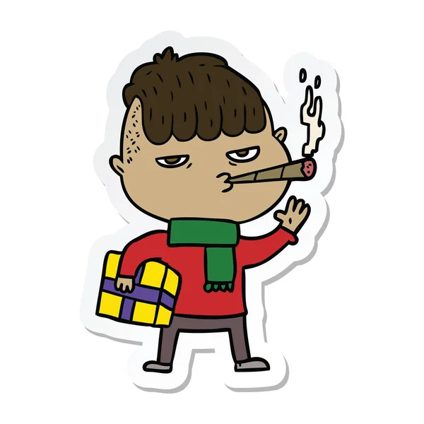 Etiqueta de um homem dos desenhos animados fumando carregando presente de Natal — Vetor de Stock