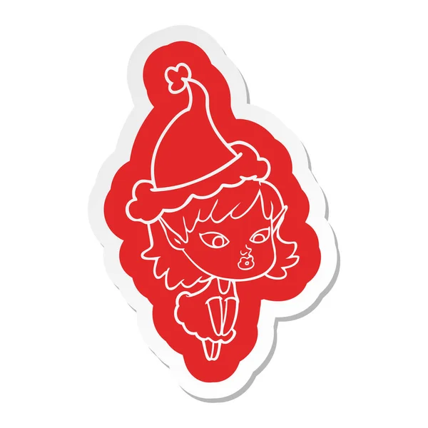 Ganska tecknad klistermärke en elf flicka santa hatt — Stock vektor