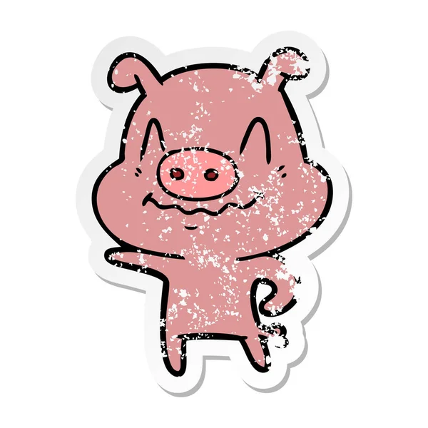 Verontruste sticker van een nerveuze cartoon varken — Stockvector