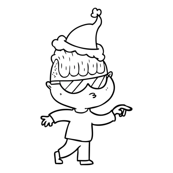 Hand Drawn Line Drawing Boy Wearing Sunglasses Pointing Wearing Santa — Stock Vector