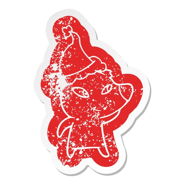 Mignon dessin animé affligé autocollant d'un ours portant santa chapeau — Image vectorielle