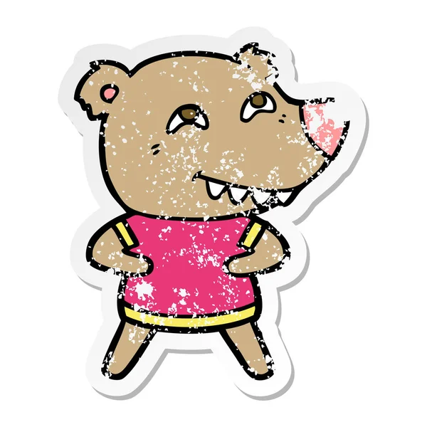 Distressed Sticker Cartoon Bear Showing Teeth — Stock Vector