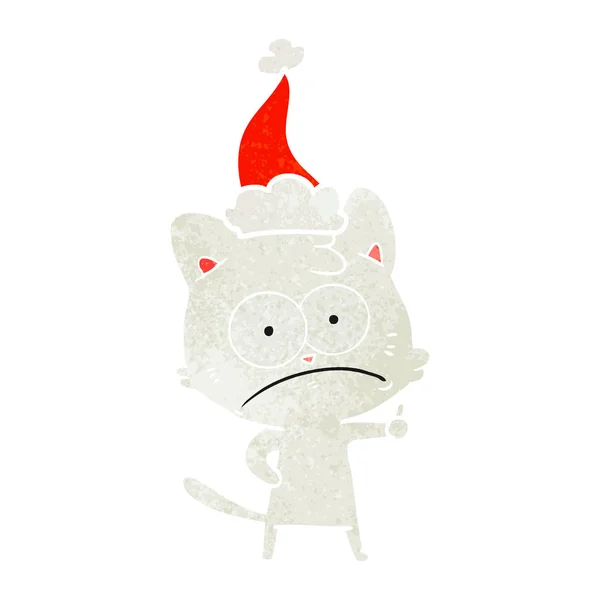 Hand Drawn Retro Cartoon Nervous Cat Wearing Santa Hat — Stock Vector