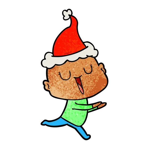 Glücklich strukturierte Karikatur eines glatzköpfigen Mannes mit Weihnachtsmütze — Stockvektor