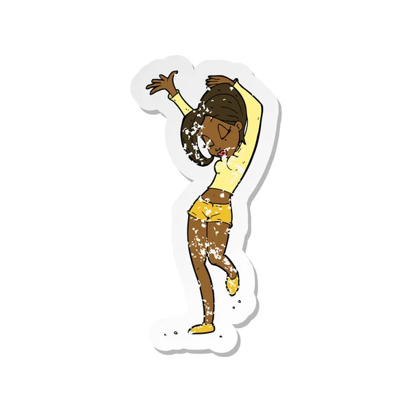 Retro noodlijdende sticker van een cartoon mooie vrouw dansen — Stockvector