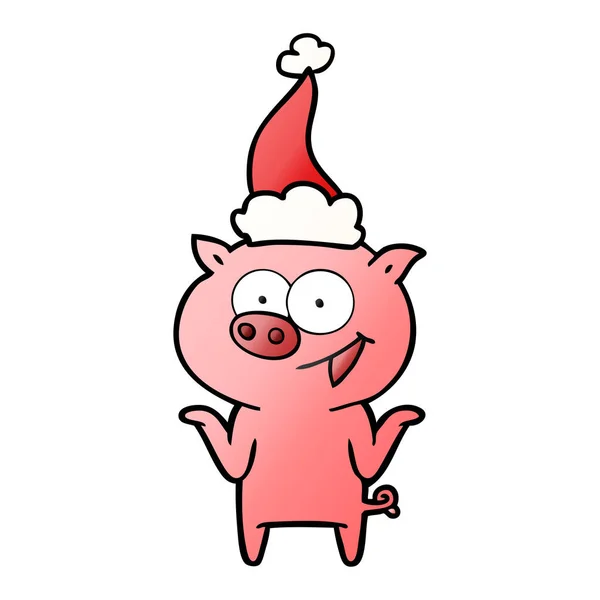 산타 모자를 쓰고 아무 걱정 돼지의 그라데이션 만화 — 스톡 벡터