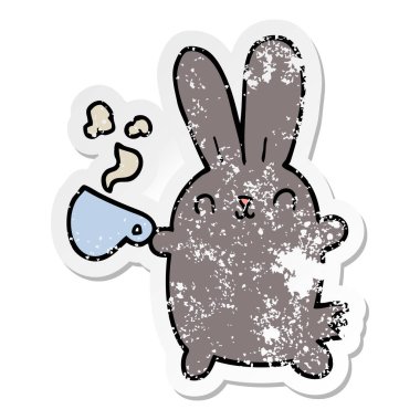 sevimli çizgi tavşan kahve fincanı ile sıkıntılı etiket