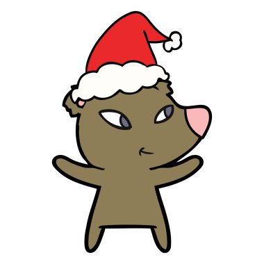 Noel Baba şapkası giyen bir ayının sevimli çizgi çizme