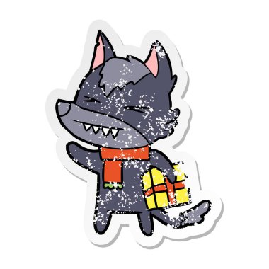 kızgın bir Noel kurt karikatür sıkıntılı etiket