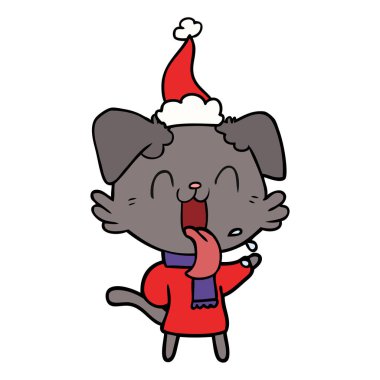 Noel Baba şapkası giyen nefes nefese bir köpek çizim için el çekilmiş