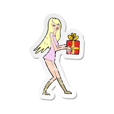 hediye ile bir çizgi film moda kız Retro sıkıntılı etiket