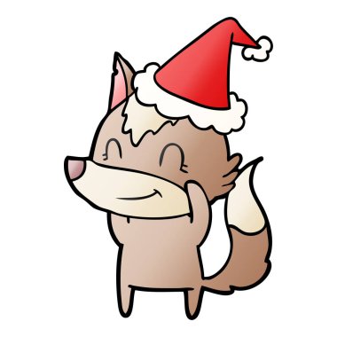 Noel Baba şapkası giyen bir kurt degrade çizgi film dostu el çekilmiş