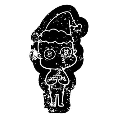 Noel Baba şapkası giyen garip kel uzaylı ilginç karikatür sıkıntılı simgesi