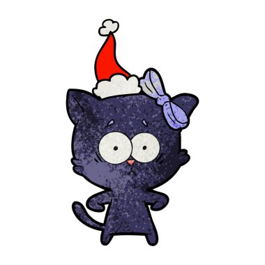 Noel Baba şapkası giyen bir kedi dokulu çizgi film el çekilmiş