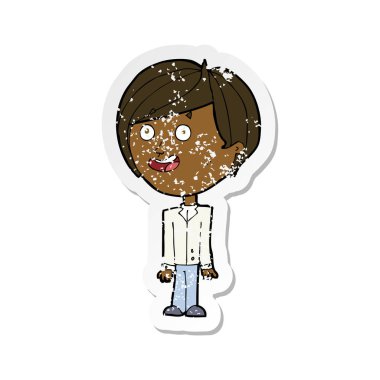 Retro bir karikatür mutlu sürpriz çocuğun etiket sıkıntılı